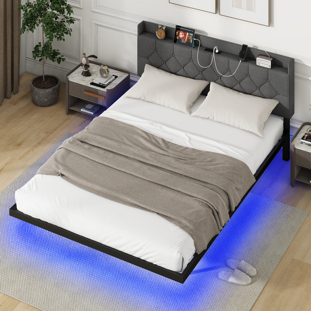 Full/Queen Size Floating Bed Frame with LED and Headboard and Charging Station-Queen Size - Gallery View 1 of 10
