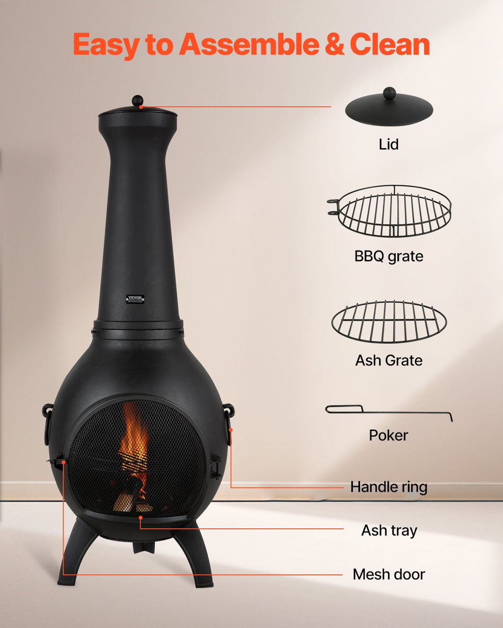Vevor Outdoor Aluminum Chiminea Fireplace 18" with Grill Mesh and Chimney Coat New