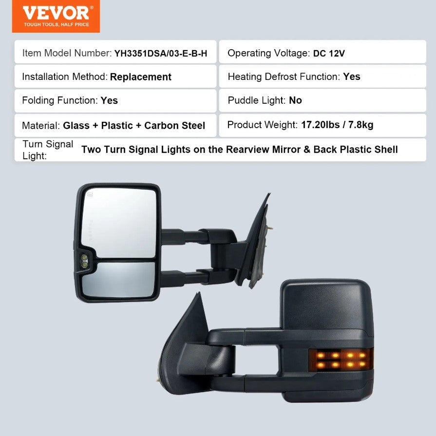 Vevor Power Heated Towing Mirrors with Signal and LED Lights for Chevy/GMC/Cadillac (2003–2007) New