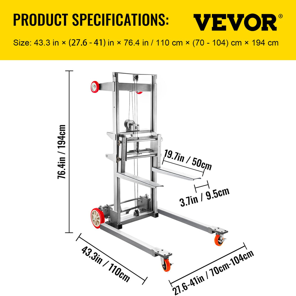 Vevor Stacker Manual Winch 43" x 27.6" x 76.4" 441 lbs. Capacity Adjustable 8.7" to 106.3" Height New