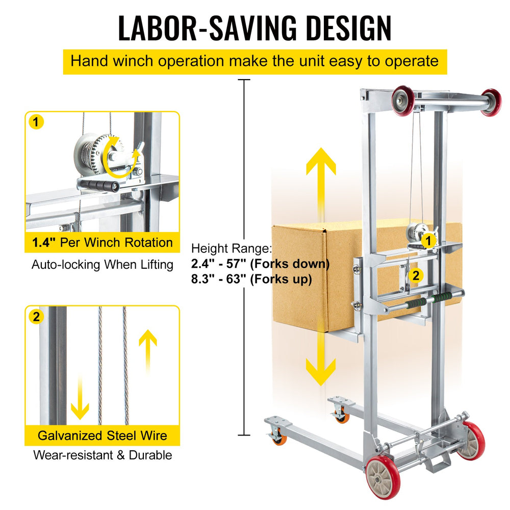 Vevor Stacker Manual Winch 41" x 25" x 72" 551 lbs. Capacity Adjustable 8.3" to 63" Height New