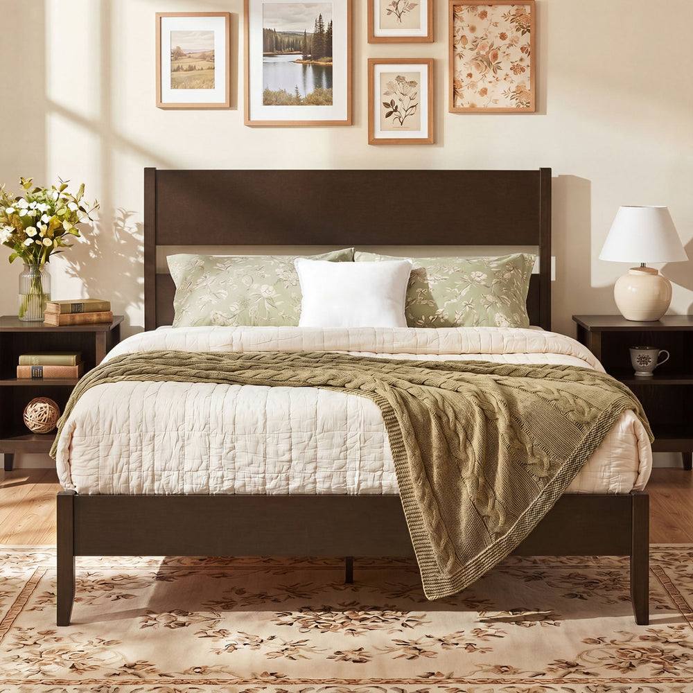 Queen Bed Frame with Headboard and Solid Wood Legs 12 Slats-Dark Walnut - Gallery View 1 of 10
