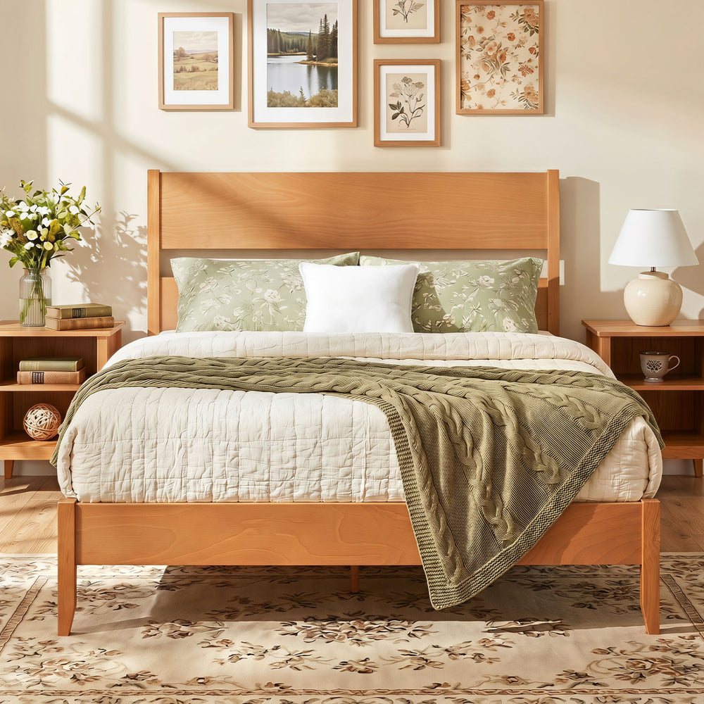 Queen Bed Frame with Headboard and Solid Wood Legs 12 Slats-Warm Brown - Gallery View 1 of 10