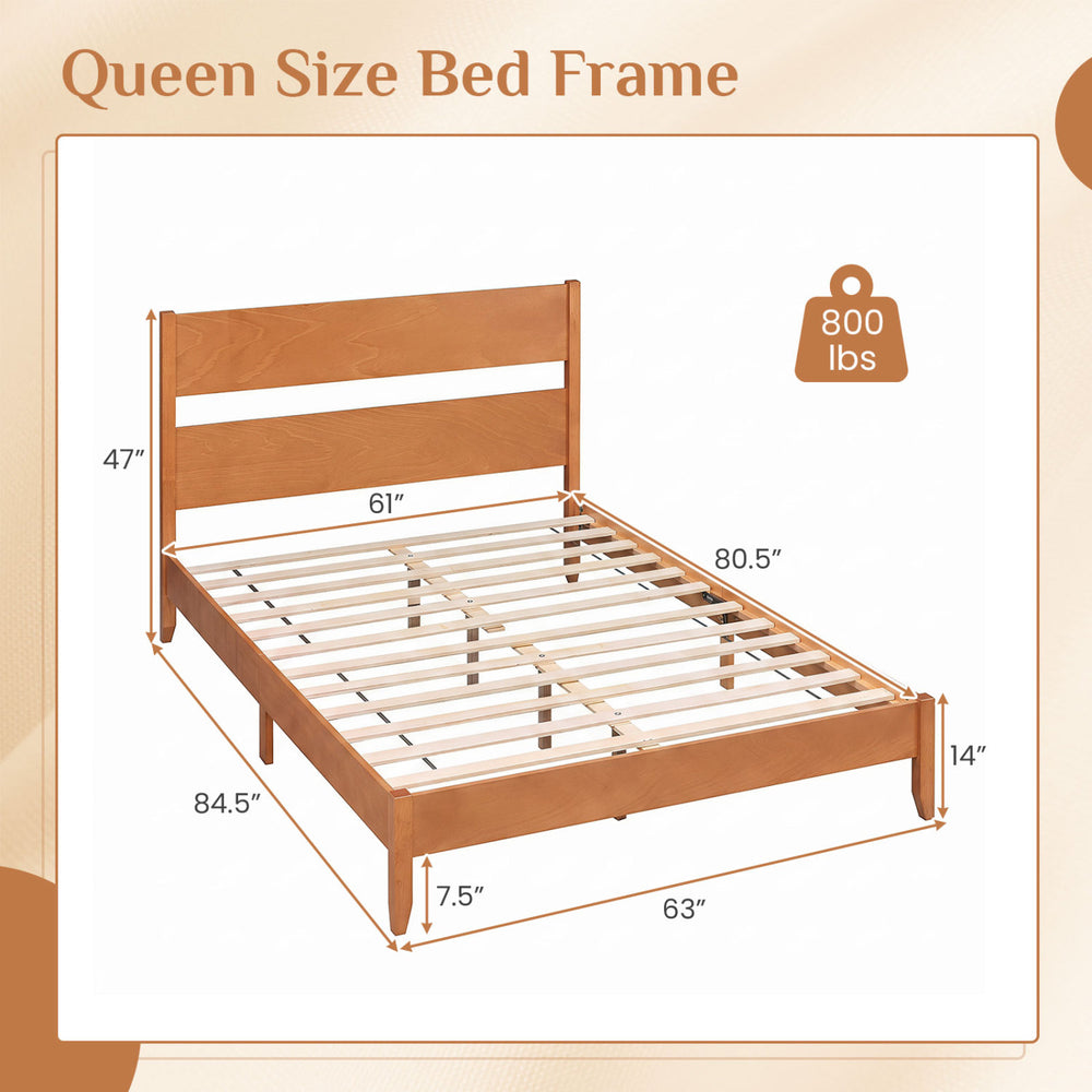 Queen size bed frame in warm brown with solid wood legs, 12 slats, and a classic headboard for stylish support.