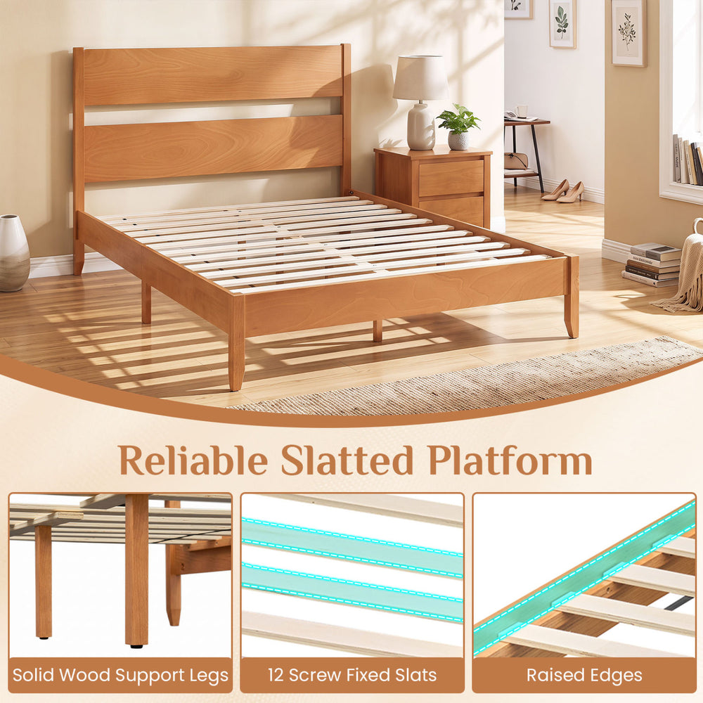 Queen bed frame in warm brown with solid wood legs, 12 slats, and a classic headboard for modern rustic charm.