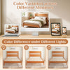 Queen bed frame in warm brown with solid wood legs and headboard, showcasing color variation under different lighting.