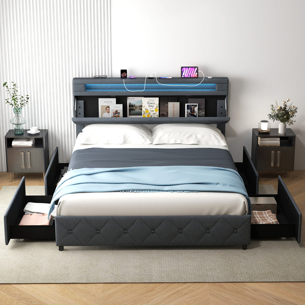 Full/Queen Size Bed Frame with Adjustable Storage Headboard and Wooden Slat Support-Queen Size - Gallery View 1 of 11