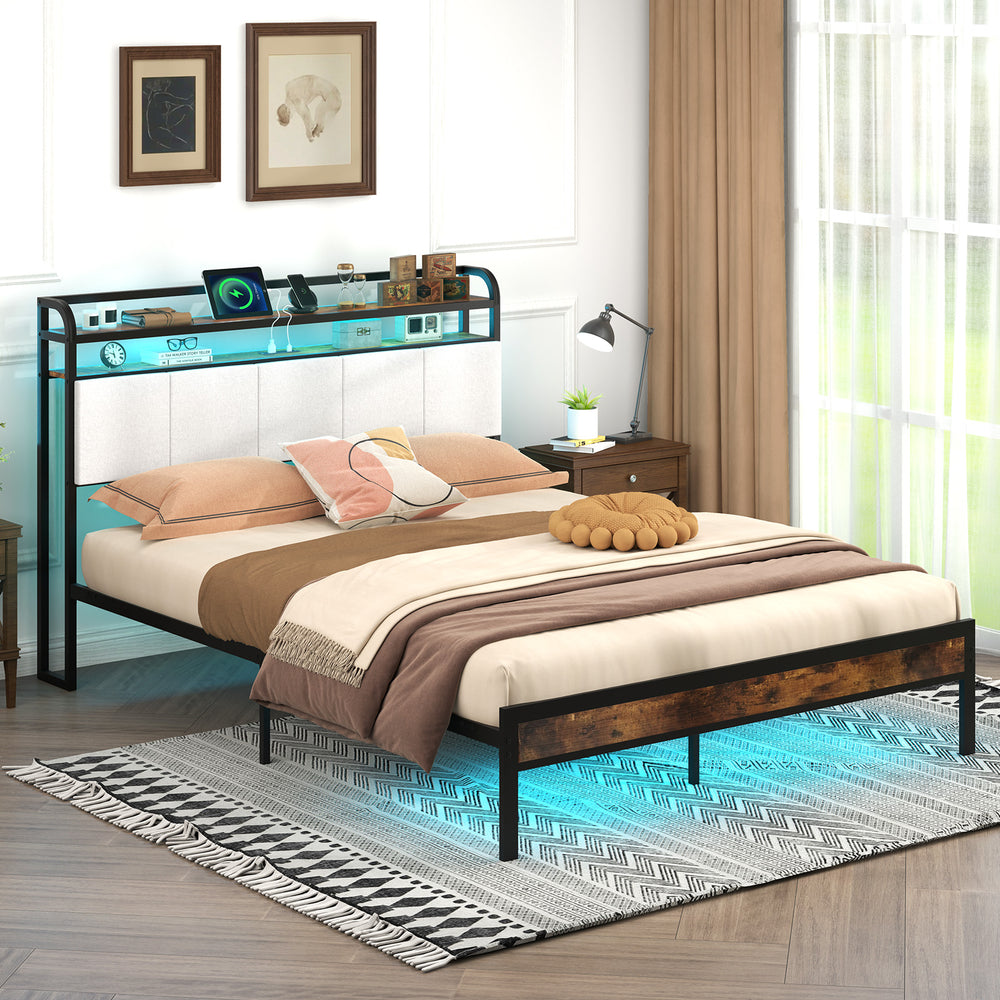 Twin/Full/Queen/King Size Bed Frame with LED Light and Charging Station-Queen Size - Gallery View 1 of 11
