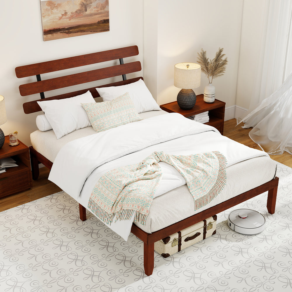Queen Size Bed Frame 15.5 Inch Solid Wood Platform Bed with Retro Headboard - Gallery View 1 of 10
