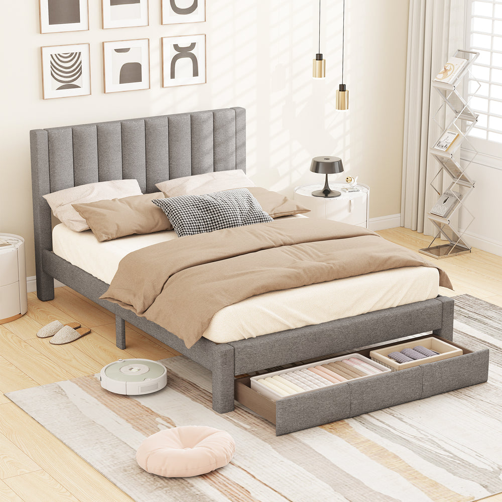 Queen size bed frame in gray with vertical channel headboard and storage drawer, perfect for organized bedroom decor.