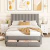 Queen size bed frame in gray with vertical channel headboard and storage drawer, perfect for organized bedroom space.