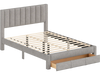 Queen size bed frame in gray with vertical channel headboard and storage drawer, ideal for organized bedroom space.