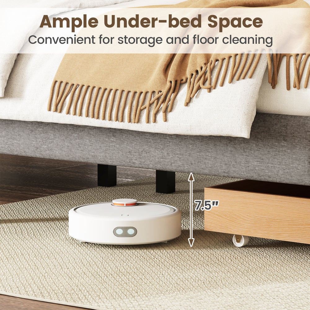 Queen size bed frame with ample under-bed space for storage and easy floor cleaning, featuring a gray upholstered.