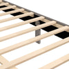 Queen size bed frame slats with middle support legs, featuring a storage drawer and vertical channel headboard in gray.