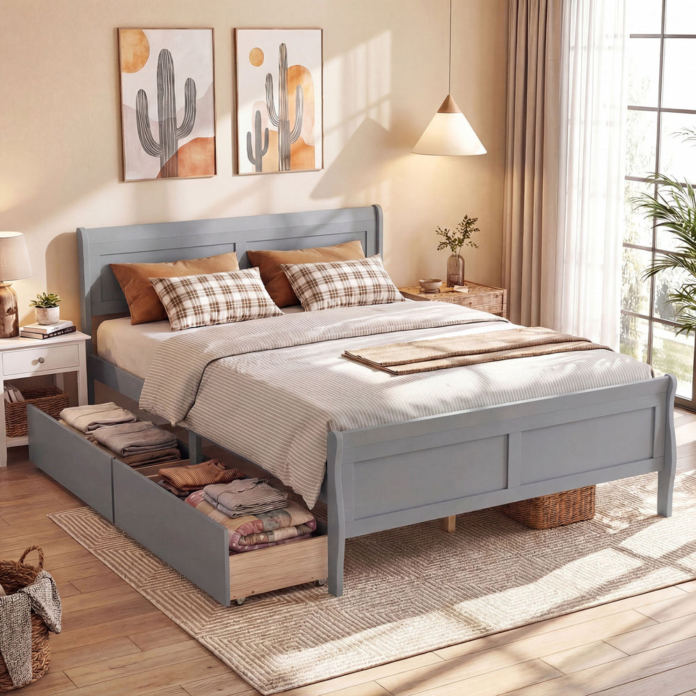 Queen size gray bed frame with modern headboard, two storage drawers, and footboard for stylish bedroom organization.