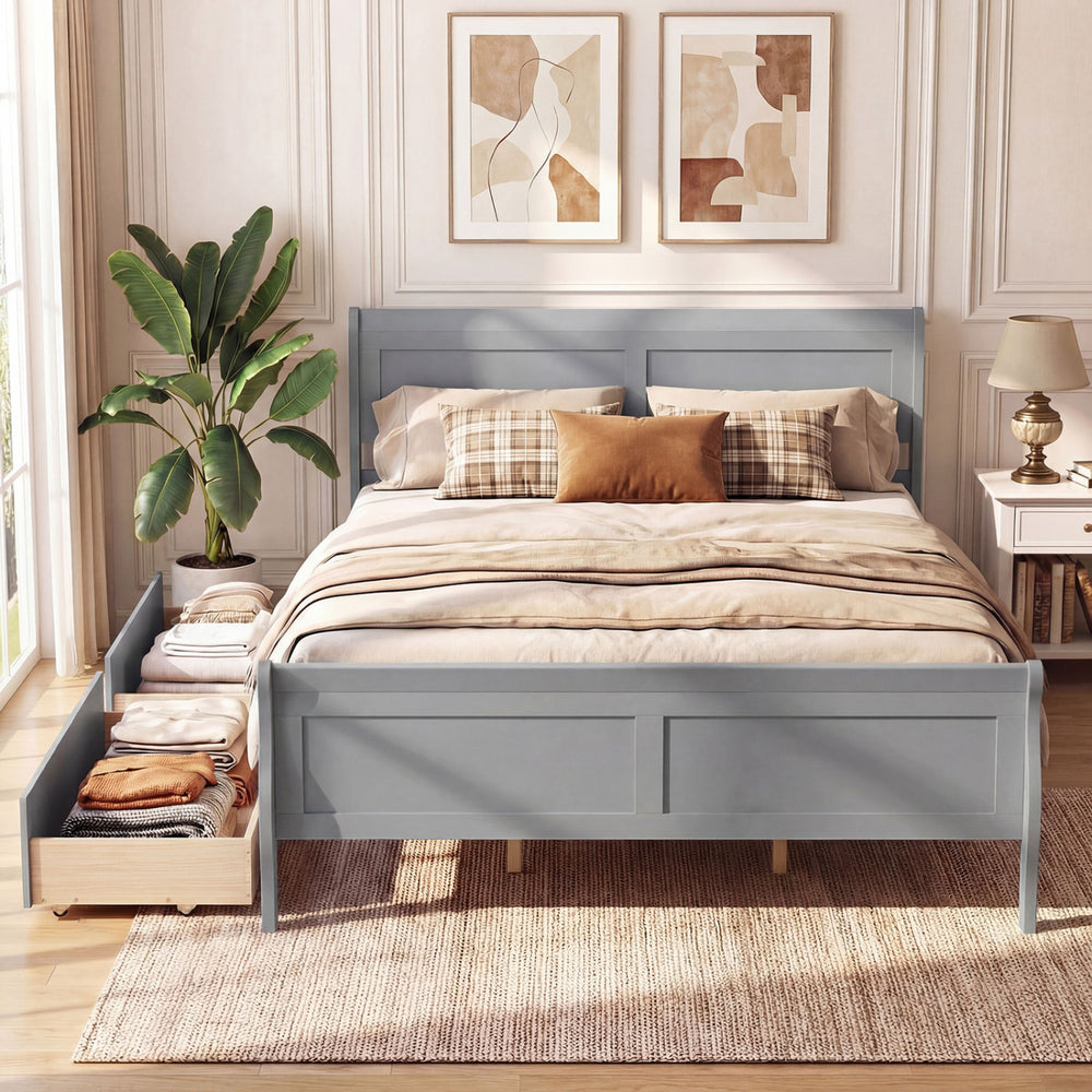 Queen size gray bed frame with modern headboard, two storage drawers, and footboard, perfect for stylish bedroom.