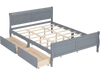 Queen size gray bed frame with modern headboard, curved footboard, and two storage drawers for organized space.