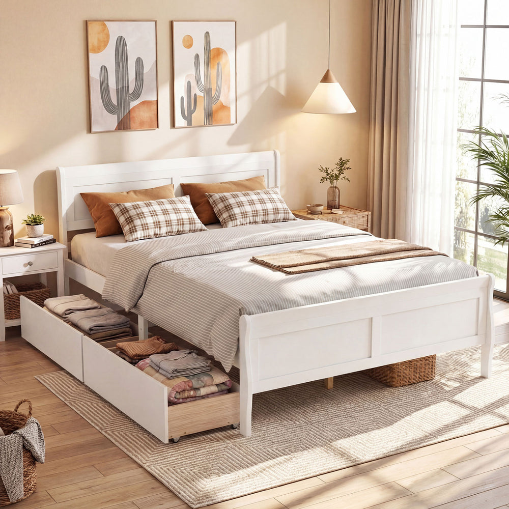 Queen Size Bed Frame with 2 Storage Drawers and Footboard-White - Gallery View 1 of 11