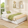 Queen size bed frame in white with two rolling storage drawers, featuring a slatted platform for mattress support.