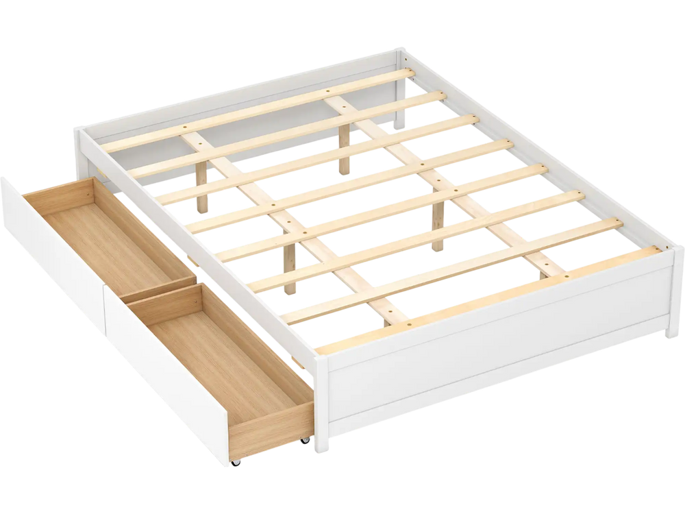 Queen size bed frame in white with two rolling storage drawers and robust plywood slats for flexible arrangement.