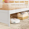 Queen size bed frame with 12" space underneath for storage and easy floor cleaning, featuring two rolling storage.