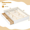 Queen size bed frame in white with dimensions, featuring two rolling storage drawers for convenient organization.