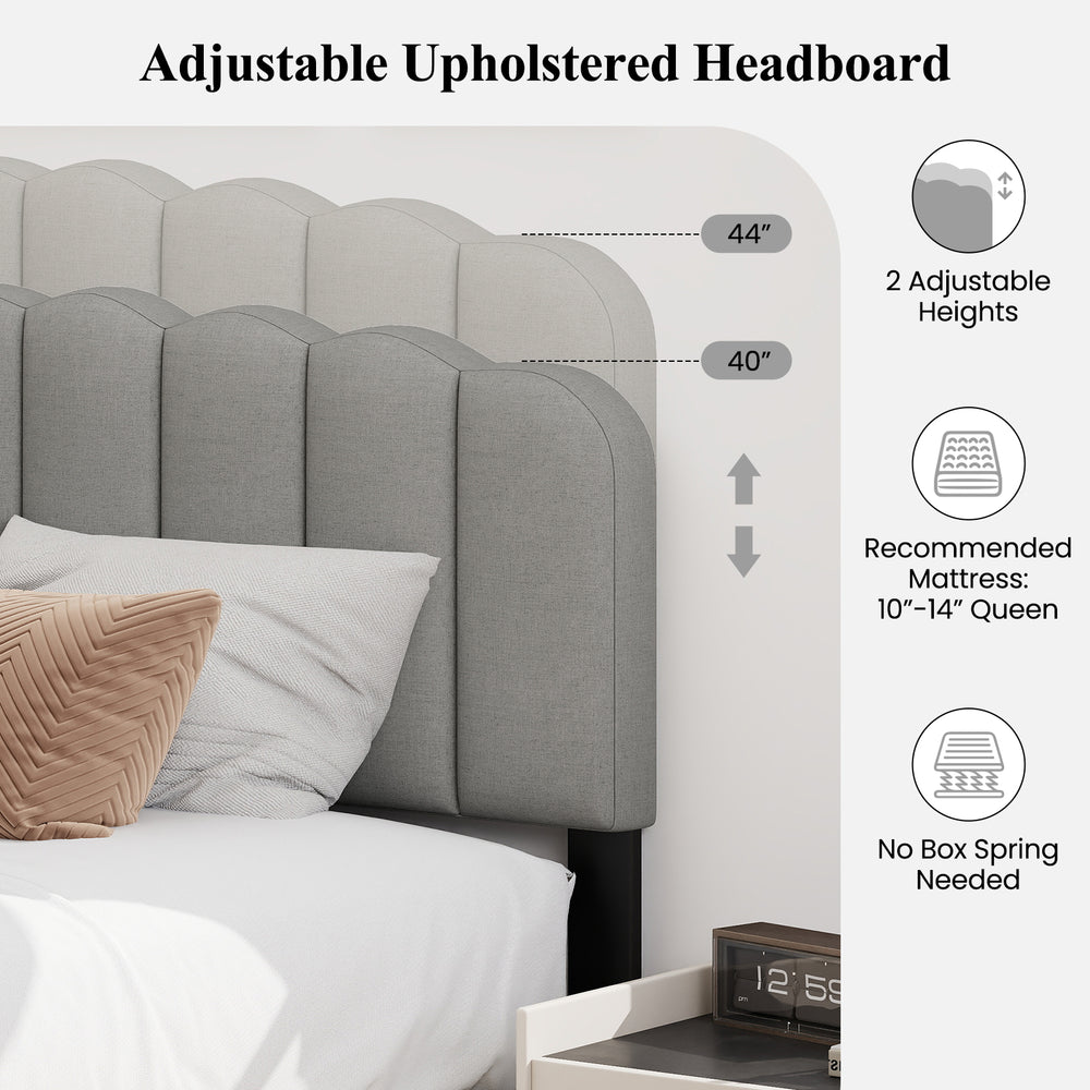 Adjustable scalloped tufted headboard in gray, offering 2 height options for a queen size bed frame without a box.