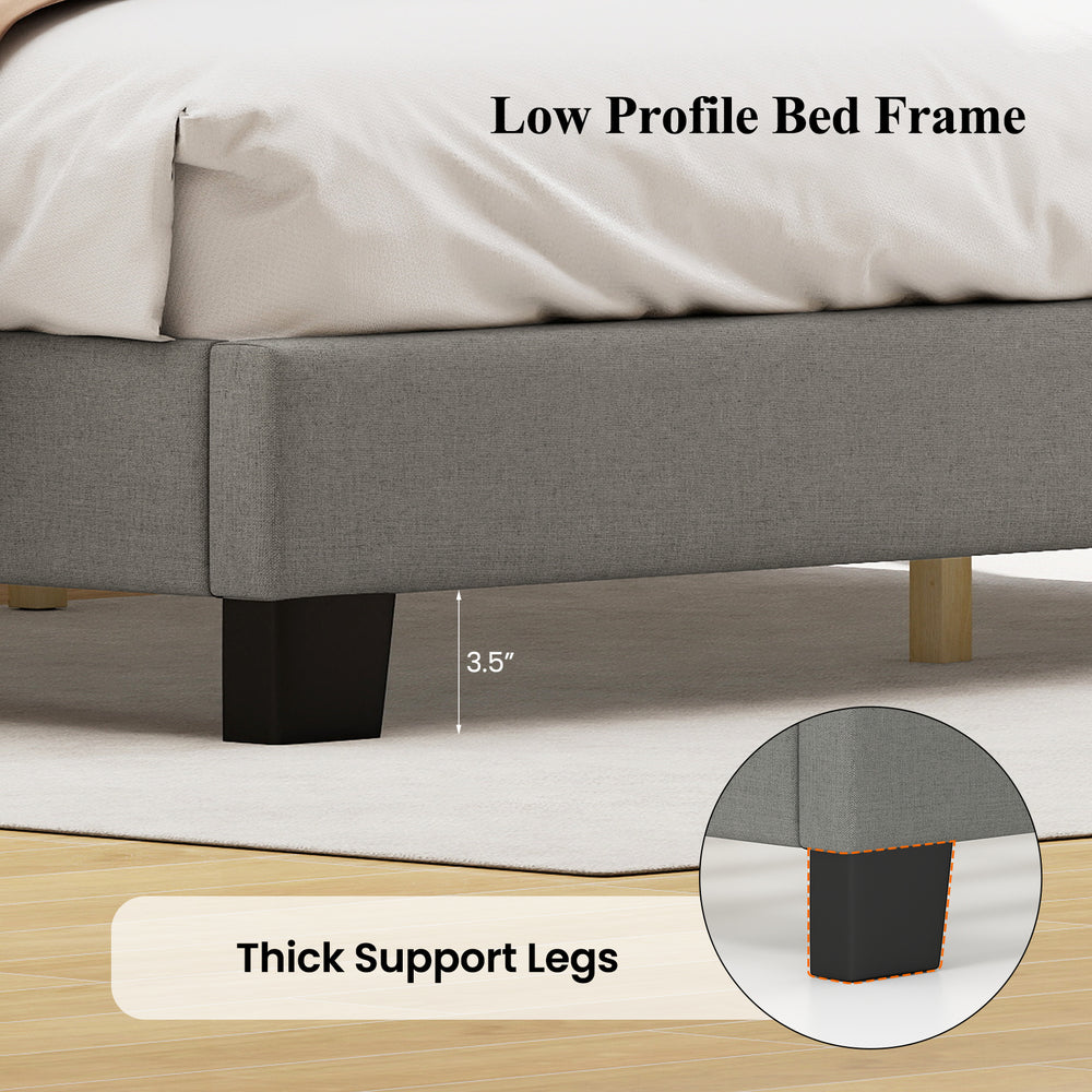 Low profile bed frame with thick support legs, featuring adjustable scalloped tufted headboard for queen size.