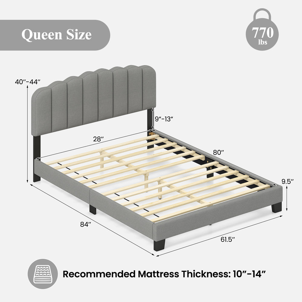 Queen size bed frame with adjustable scalloped tufted headboard, sturdy LVL slats, and no box spring needed.