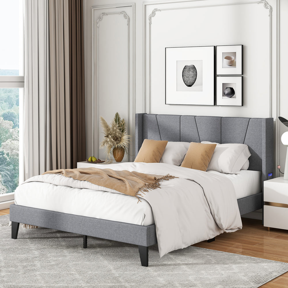 Full/Queen Size Bed Frame with Wingback Headboard and Wood Slat Support-Queen Size - Gallery View 1 of 9