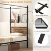 Queen size canopy bed frame with rustic headboard, heavy-duty metal slats, and under-bed storage for easy cleaning.