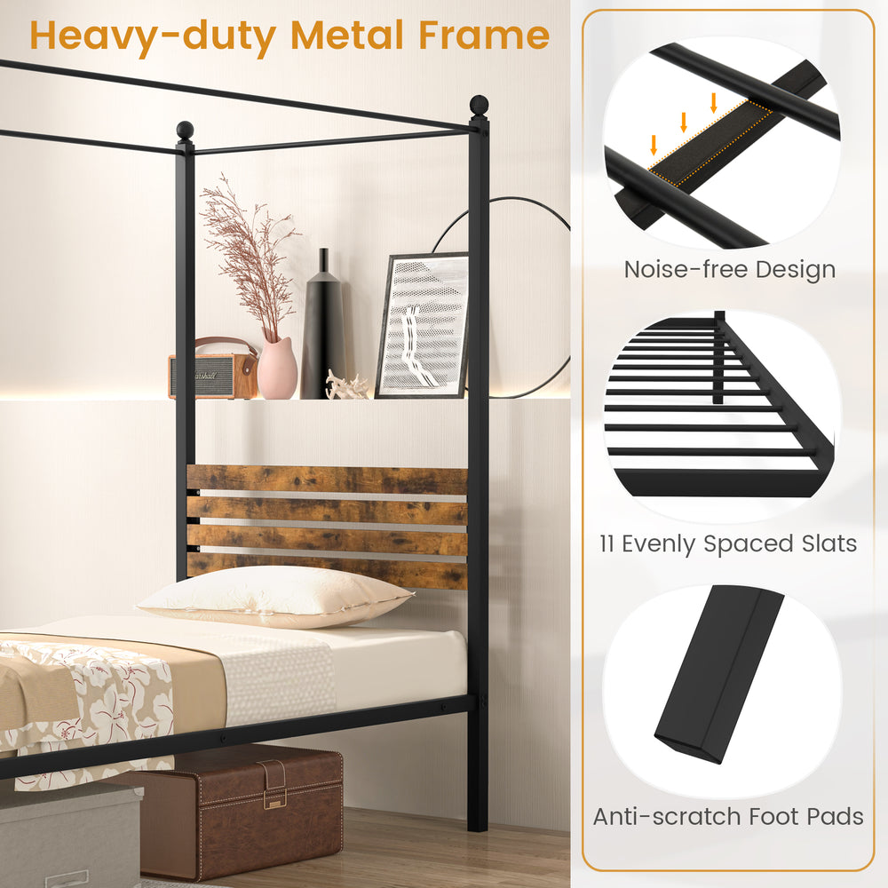 Queen size canopy bed frame with rustic headboard, heavy-duty metal slats, and under-bed storage for easy cleaning.