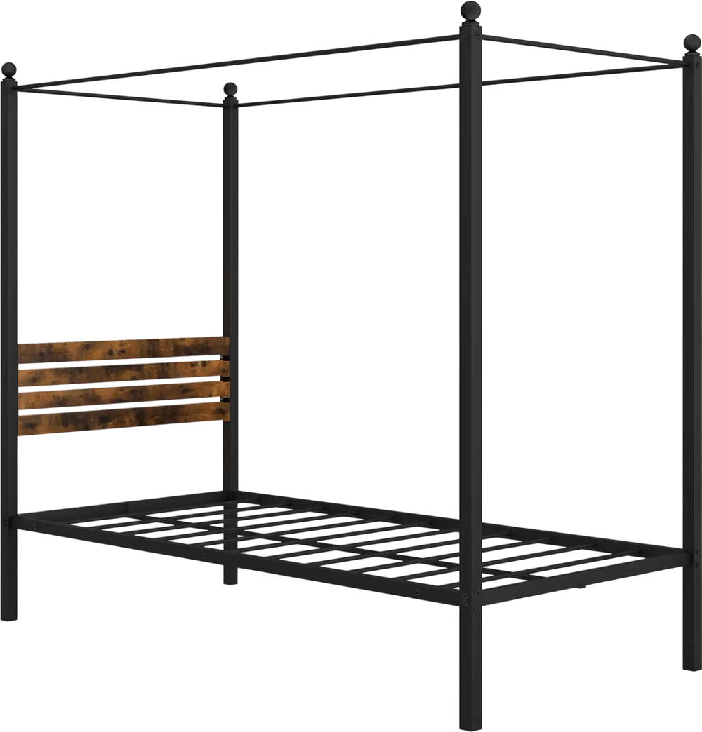 Queen size canopy bed frame with rustic headboard and under bed storage, featuring a strong metal structure for support.
