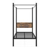 Queen size canopy bed frame in black metal with rustic headboard and under-bed storage for stylish bedroom decor.