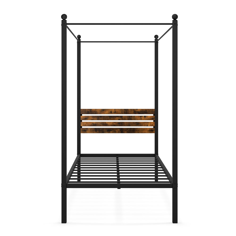 Queen size canopy bed frame in black metal with rustic headboard and under-bed storage for stylish bedroom decor.