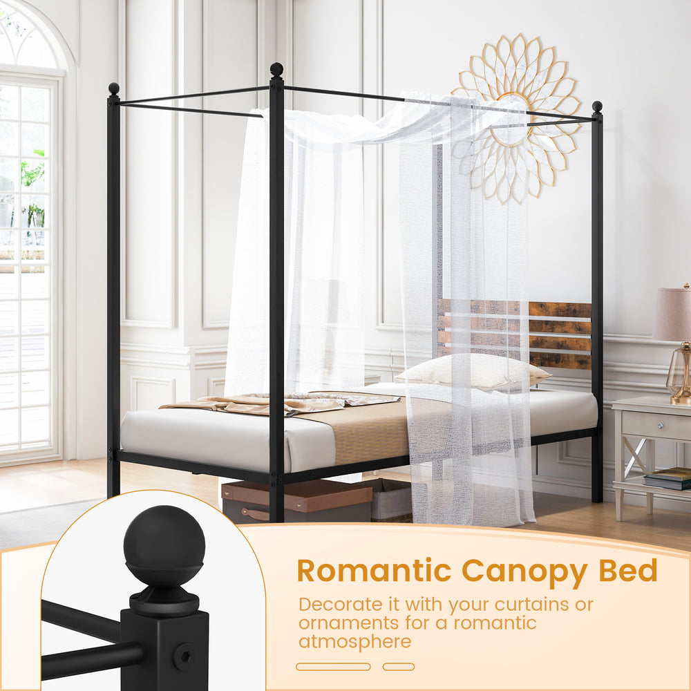Queen size canopy bed frame with under bed storage, featuring a rustic headboard and decorative curtain options.