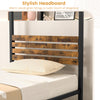 Queen size canopy bed frame featuring a rustic wooden headboard and strong metal support, ideal for stylish bedroom.