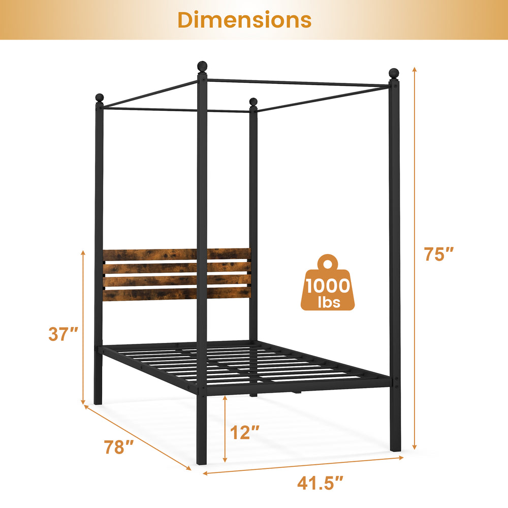 Queen size canopy bed frame with rustic headboard, metal construction, 12-inch under-bed storage, and sturdy slats.