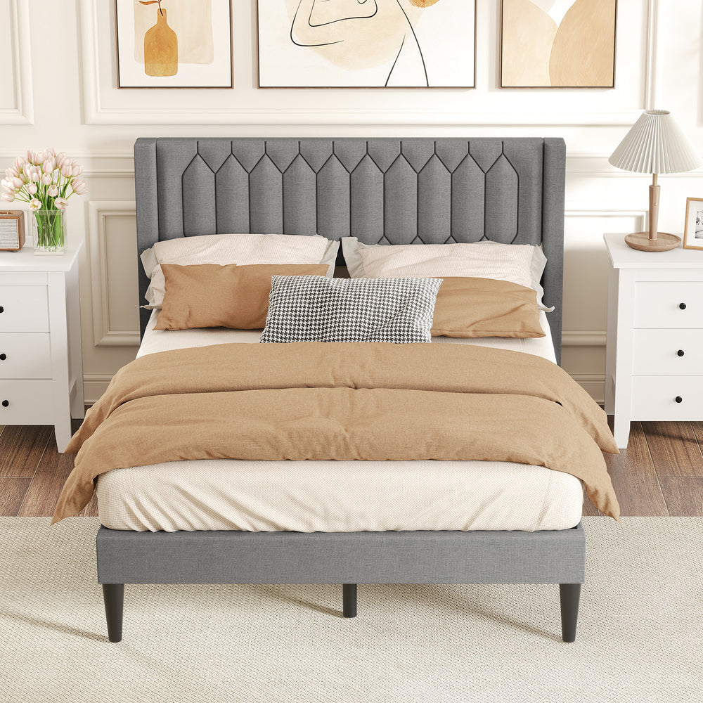 Gray platform bed with wingback headboard, showcasing soft Dutch velvet fabric and robust wooden slat support for queen.