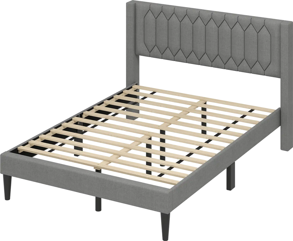 Queen size platform bed in gray with wingback headboard and wooden slat support, ideal for modern bedroom decor.