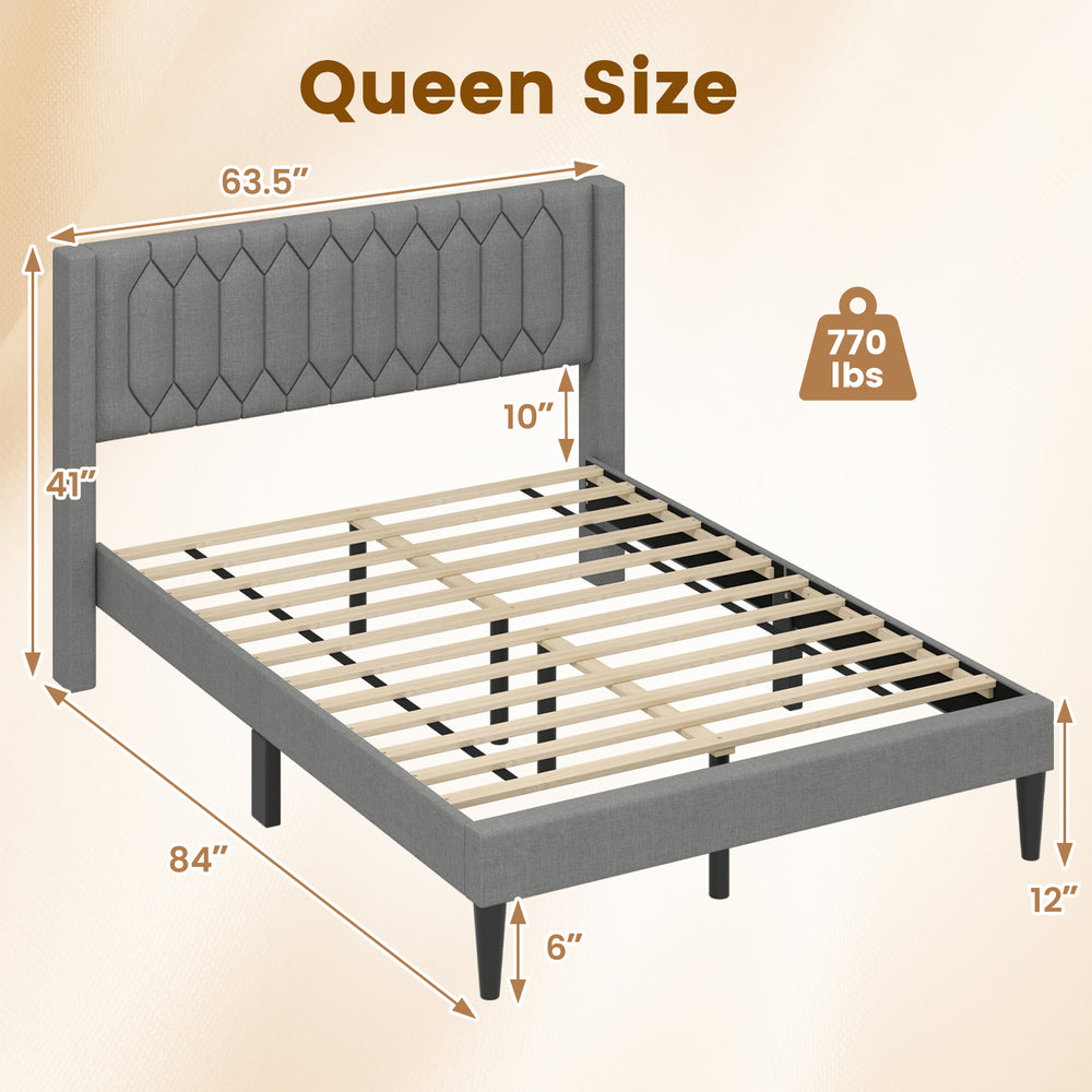 Queen size upholstered platform bed in gray with wingback headboard, featuring wooden slat support and modern design.