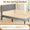 Queen size upholstered platform bed in gray with wingback headboard, designed for 10"-12" mattresses, no box spring.