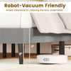 Queen size upholstered platform bed in gray with wingback headboard, featuring 6" clearance for robot vacuum cleaning.