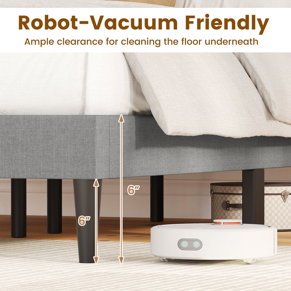 Queen size upholstered platform bed in gray with wingback headboard, featuring 6" clearance for robot vacuum cleaning.