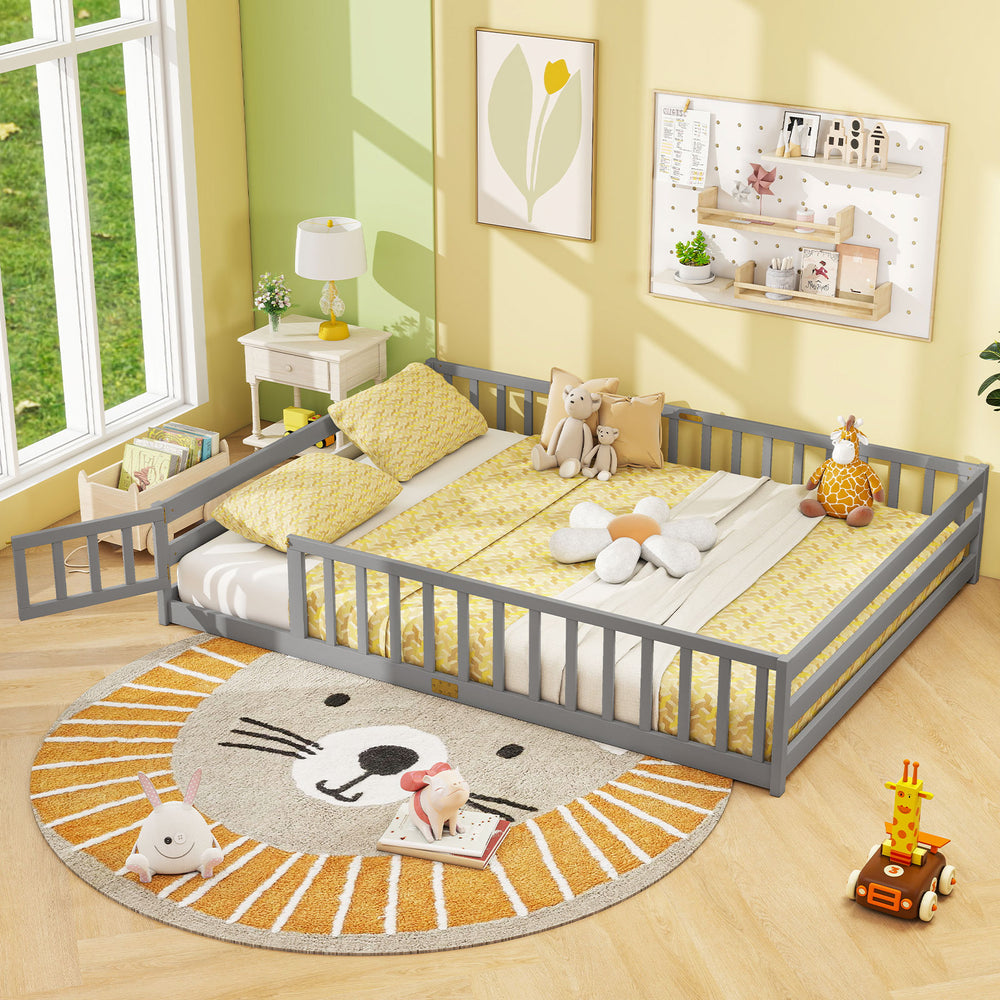 Queen Size Floor Bed Kids Montessori Bed Frame with Full Length Safety Guardrails-Gray - Gallery View 1 of 10