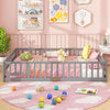 Gray Montessori floor bed frame with full-length safety guardrails, perfect for kids' sleeping or play area.