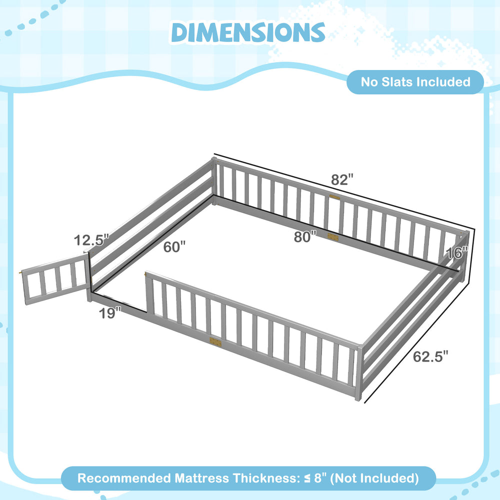 Queen size Montessori floor bed frame in gray with full-length safety guardrails, ideal for kids' sleeping and play.