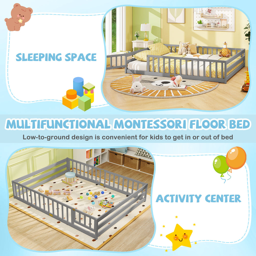 Gray Montessori floor bed with full-length safety guardrails, ideal for sleeping and play activities for kids.