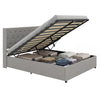 Queen size lift-up storage bed in gray with tufted headboard, showcasing ample under-bed storage for organization.