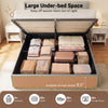 Queen size lift-up storage bed with large under-bed space, 9.5" clearance for suitcases and storage boxes, in gray.
